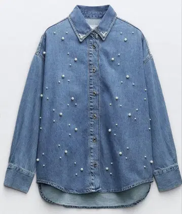 택 포함 새상품 ZARA 모조 진주 데님 셔츠