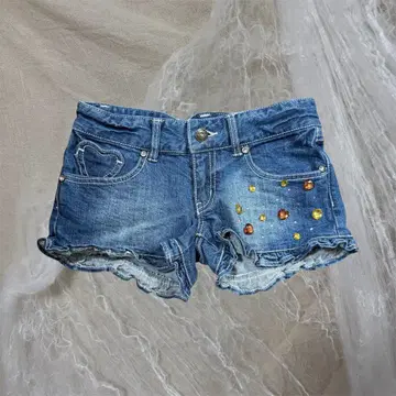 TRALALA 숏 팬츠 프릴 데님 비쥬 하트 히메 리즈리사
