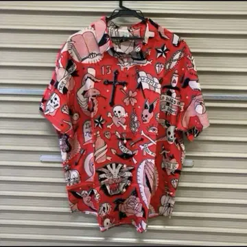 스컬 해골 십자가 마리아 뱀 패턴 아메트라 타투 알로하 셔츠 로커빌리