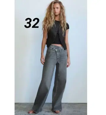 ZARA TRF 하이웨스트 크로스오버 와이드 레그 청바지 32 그레이