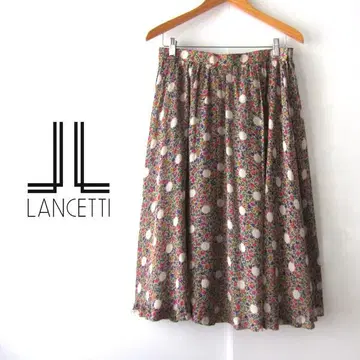 LANCETTI/란체티 작은 꽃 프린트 실크 무릎 기장 플레어 스커트