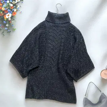 AK Anne Klein 터틀넥 니트 S 케이블 짜임 7부 소매 라메