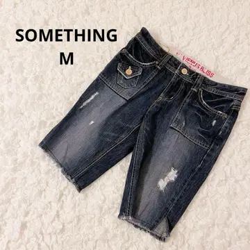 SOMETHING 하프 데님 팬츠 컷오프 데미지 가공 골드 버튼 M