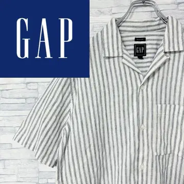 GAP 오픈 카라 셔츠 반팔 셔츠 오픈 카라 스트라이프 린넨 코튼 M