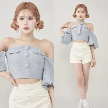 Darich 다리치 홀더넥 오프숄 트위드 탑