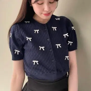 SNIDEL 스나이델 하프 슬리브 리본 가디건 네이비
