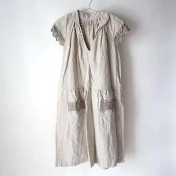 USED 구제 의류 베이지 린넨 레이스 스모크 원피스