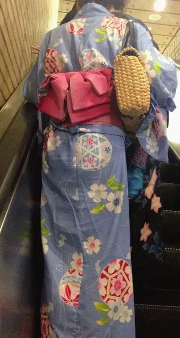 파랑 꽃무늬 유카타 오비 세트