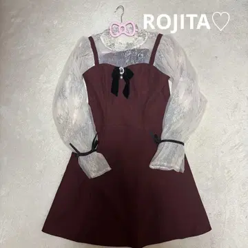 [ ROJITA ] 원피스 비쥬 브로치 레이시 콤비 원피스 보르도