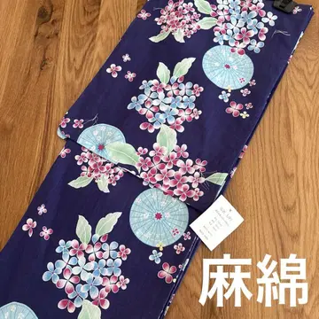 유카타 미사용 새상품 수국 꽃무늬 면 린넨 네이비