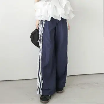 AMELY 사이드 라인 트랙 팬츠 와이드 팬츠 네이비