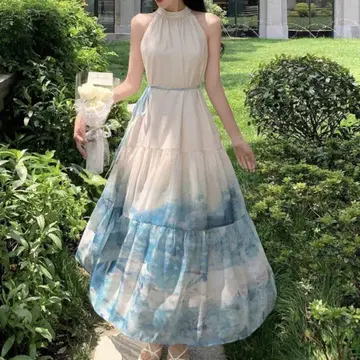푸른 하늘 롱 원피스 그라데이션 화이트 블루 리본 남국 타이다이