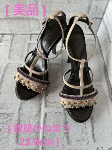 [새상품급] 긴자 카네마츠 비즈 장식 스트랩 하이힐 샌들 23.0cm
