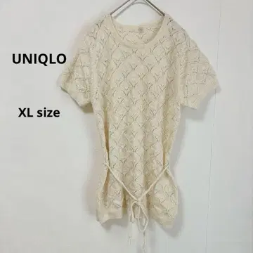 유니클로 UNIQLO 시스루 니트 XL 반팔 화이트 허리 리본