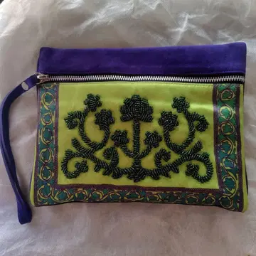 SARAHS BAG 비즈 자수 클러치백 보라색과 그린 미사용 새상품