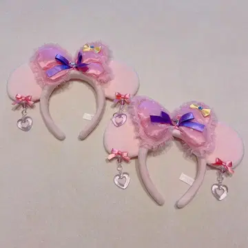 디즈니 핑크 귀찌 레이스 리본 하트 머리띠