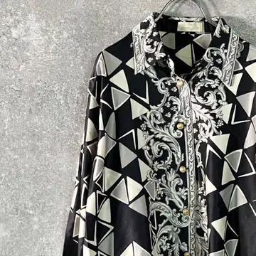 EFFLIME 폴리 셔츠 패턴 셔츠 골드 버튼 올 패턴 레귤러 카라