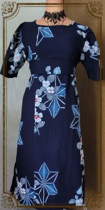 유카타 리메이크 네이비 나염 꽃무늬 반팔 A라인 원피스