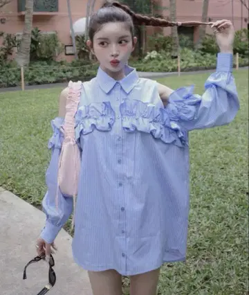 darich 멀티 스트라이프 프릴 셔츠 튜닉
