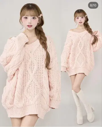Darich 다리치 루즈 케이블 로우게이지 니트 튜닉 PNK