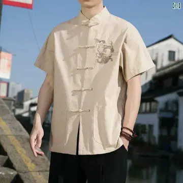 드래곤 자수 반팔 셔츠 베이지