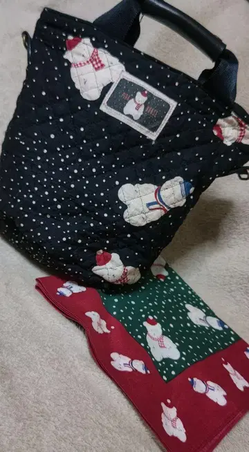 핑크하우스 눈사람 곰 패턴 퀼팅 토트백과 손수건 set