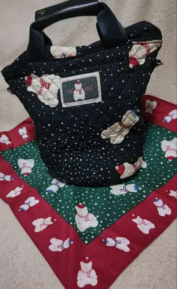 핑크하우스 눈사람 곰 패턴 퀼팅 토트백과 손수건 set