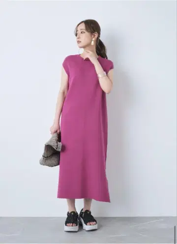 COHINA 하프 밀라노 리브 I라인 원피스 마젠타 핑크