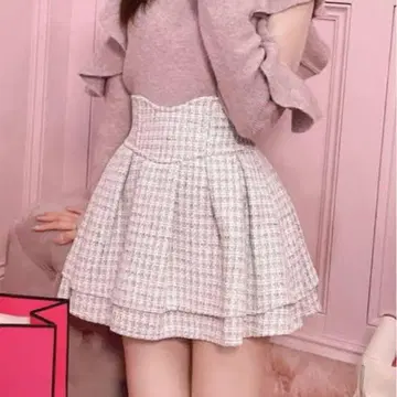 택 포함 미셸 마카롱 슬림 레그 스커트 트위드 더스티 핑크 S