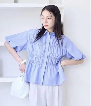 VIS 셔링 벌룬 셔츠 블루