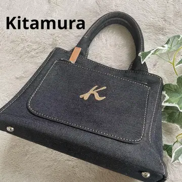 [ Kitamura ] 키타무라 데님 핸드백 블랙 로고 자수 스티치