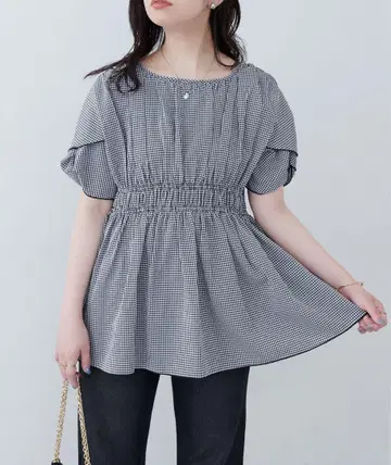 naturalcoutureosono 꼬임 소매 페플럼 튜닉 깅엄 체크