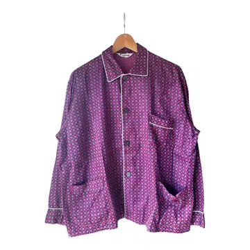 90s 빈티지 파자마 셔츠 보라색 올 패턴 새틴 광택 레트로 구제 의류