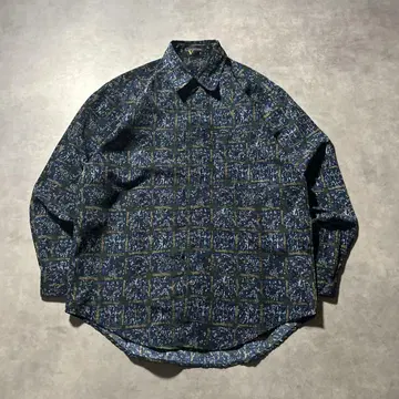 빈티지 블루 올 패턴 레트로 기하학 일본풍 패턴 레트로 디자인 셔츠