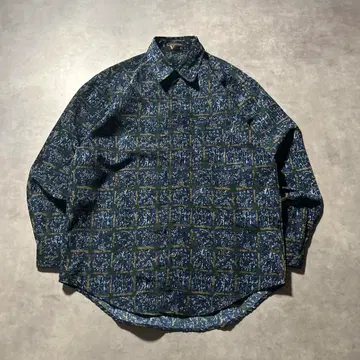빈티지 블루 올 패턴 레트로 기하학 일본풍 패턴 레트로 디자인 셔츠
