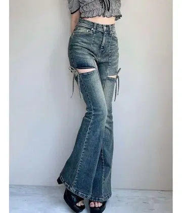 리젝시 RESEXXY 컷 아웃 리본 데님 팬츠 플레어 팬츠