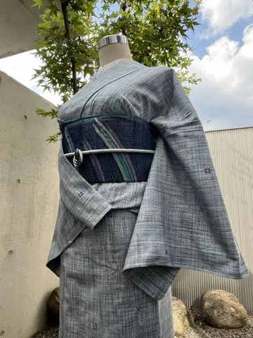 홑기모노 명주 기모노 블루 그레이