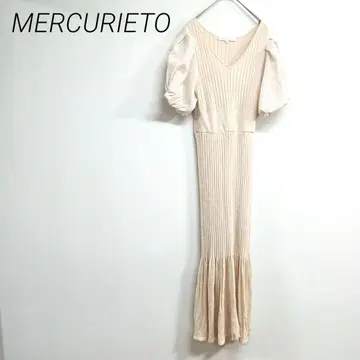 MERCURIETO 베이지 리브 니트 원피스 반팔 F 벌룬 소매