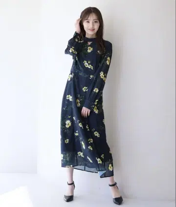 Andemiu 안데뮤 꽃무늬 롱 원피스 긴팔 네이비