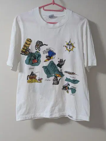 새상품급 90년대 USA 제작 크레이지 셔츠 크리반 캣 티셔츠 하와이 S