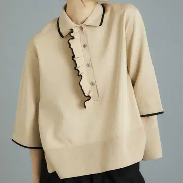 UNITED ARROWS 프릴 장식 베이지 피케 셔츠