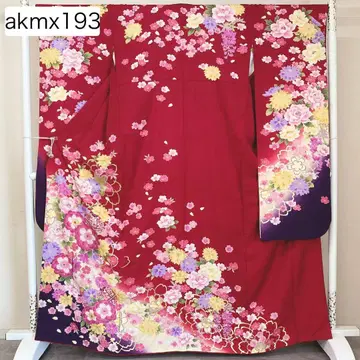 akmx193 순수 실크 후리소데 빨간색 펄톤 가공 9호 꽃무늬