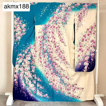 akmx188 순수 실크 후리소데 화이트/납색 펄톤 가공 11호 꽃무늬