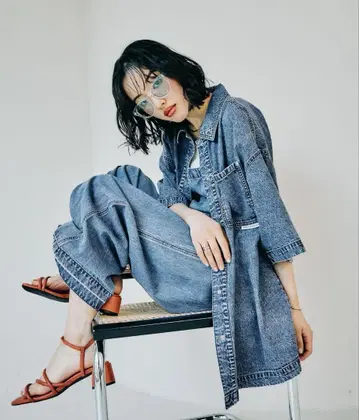 렙심 BIG 데님 5분 소매 셔츠 튜닉 새상품