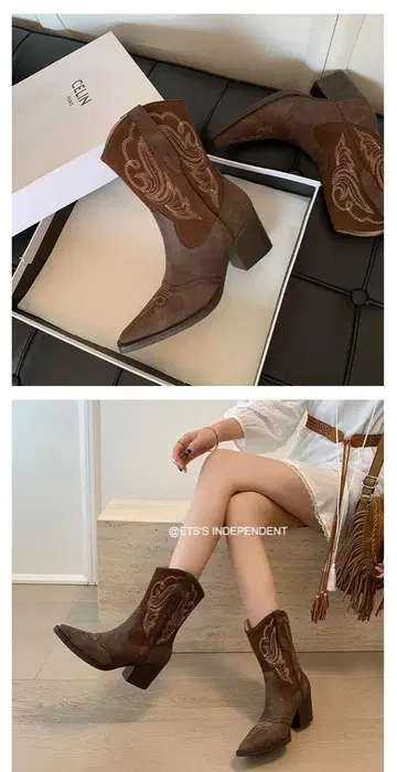 웨스턴 자수 숏부츠 소가죽 스웨이드