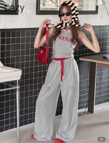 [즉시 완판 레어템] SHEIN 그레이 빨간색 탱크탑 와이드 팬츠 셋업