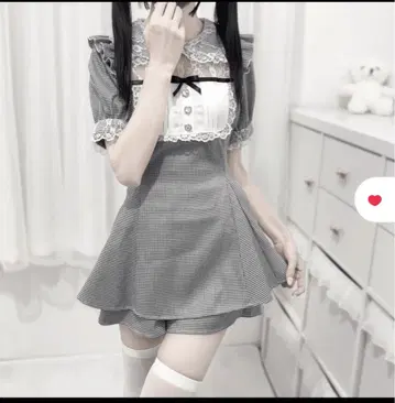 Belchic 레이스 스티칭 돌 칼라 원피스 M 블랙 체크
