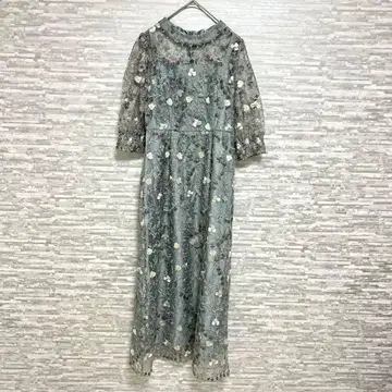 아사쿠라 자수 레이스 원피스 M 블루 그레이 꽃무늬 걸리시 파티