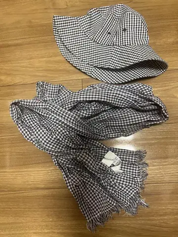 [미사용] 깅엄 체크 코튼 모자와 스톨