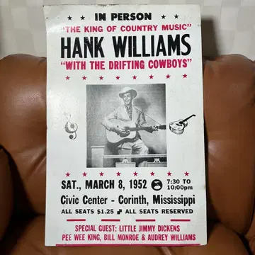 레어 HANK WILLIAMS 윌리엄스 킹 콘서트 포스터